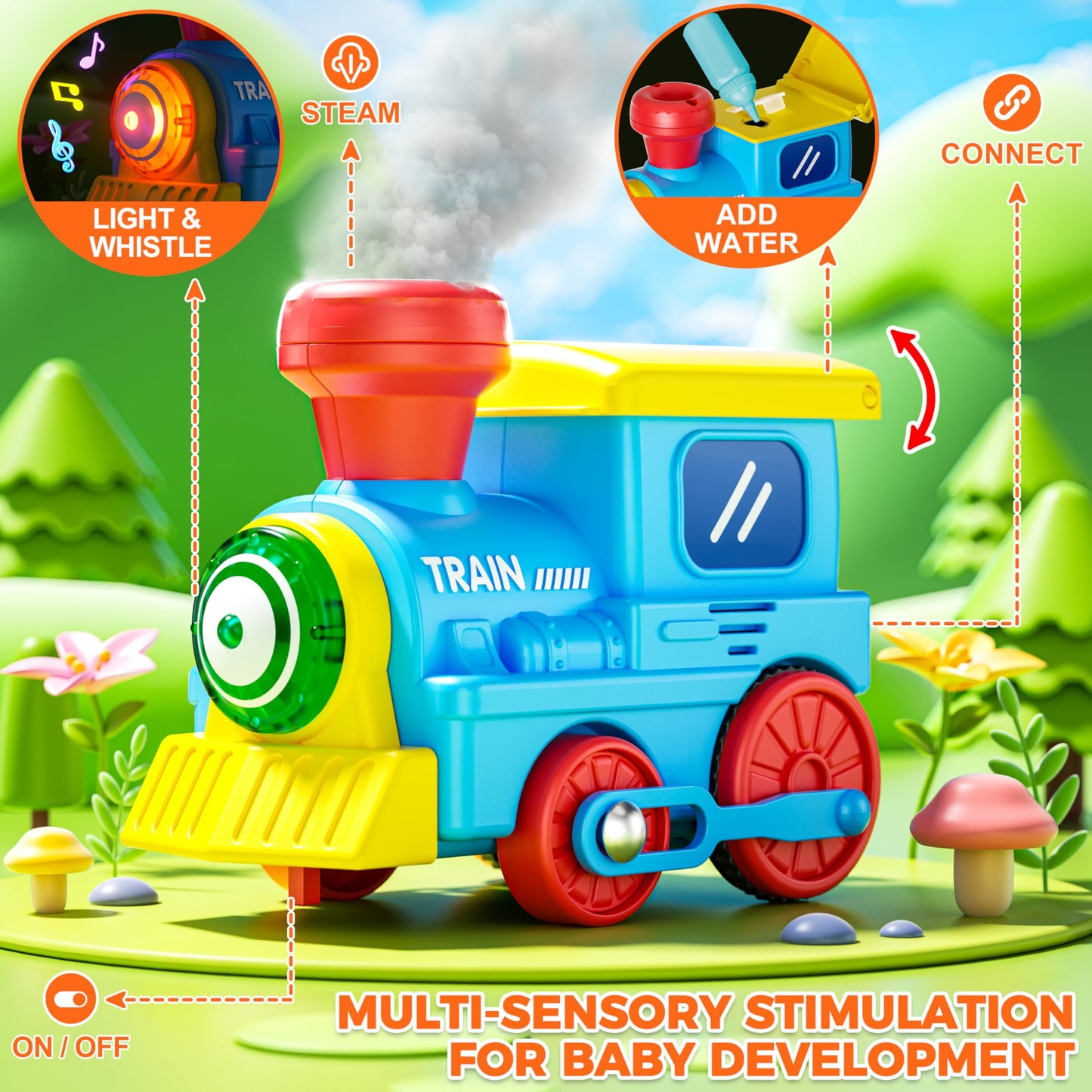 Train Set for Toddlers w/Steam, Music & Lights - Electric Train Toys for Kids w/Tracks Accessories, Including 3 Dinosaur Car and 3 Trailer, Christmas Birthday Gifts for 1-3 4 5 6+ Years Old Boys Girls
