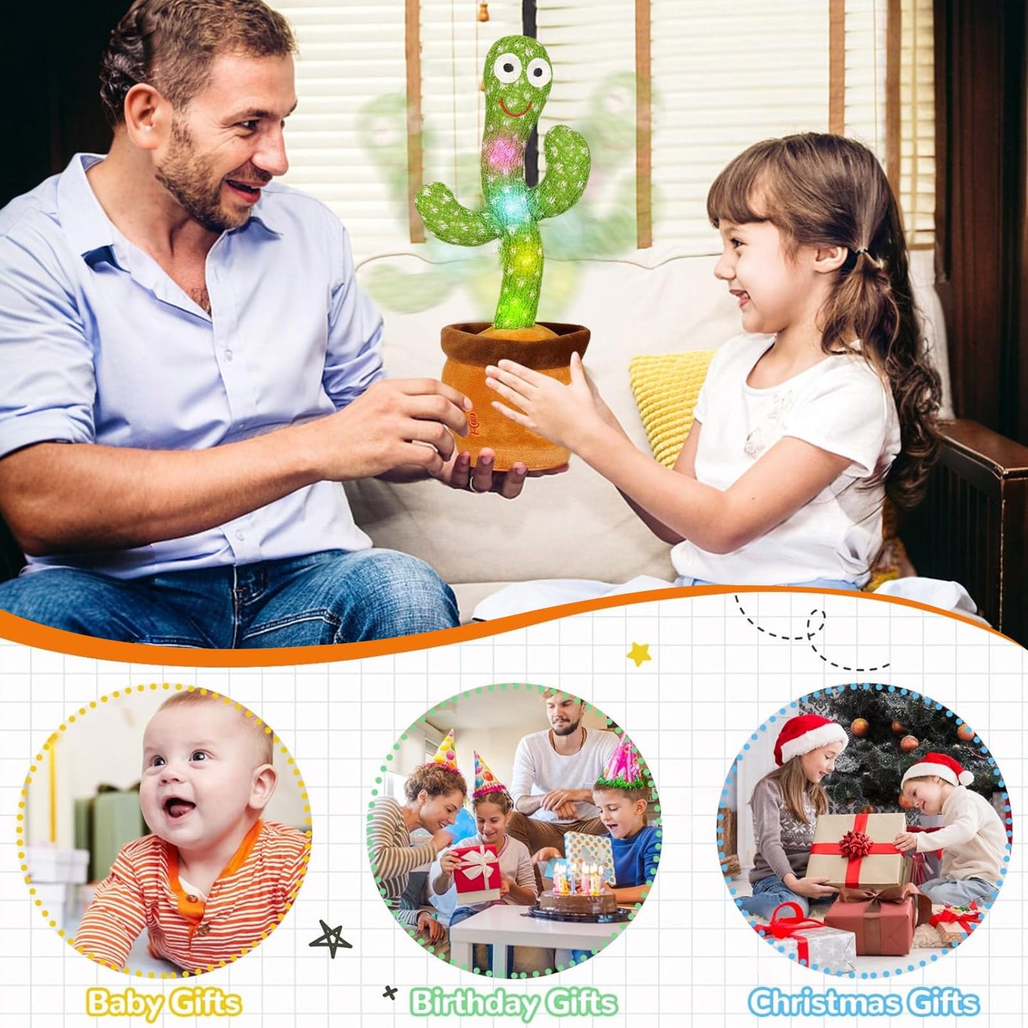 Dancing Talking Cactus Baby Toy, Singing Mimicking Repeating Cactus Toy Repeats What You Say, Tummy Time Toys LED Interactive Toddler Infant for Boys Girls, 15S Record Your Sound 1 Year Old Girl Gifts