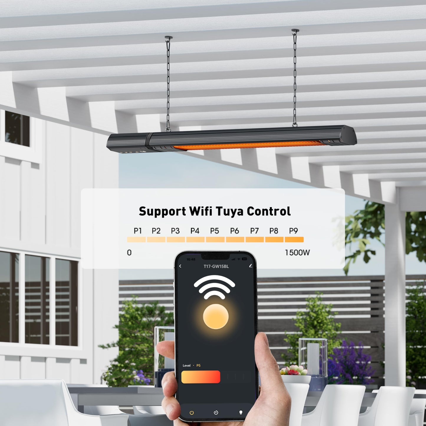 Ceiling Electric Outdoor Heater Wifi Control Wall-Mounted Hanging Patio 1500W Infrared 9 Heat Levels, 24H Timers, Carbon Fiber Tube Heating Wall Heater for Gazebo, Balcony (Rose Gold Quartz Glass)