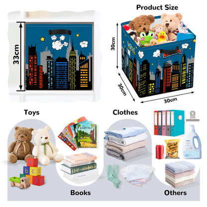Clastyle Cityscape Hero Kid Storage Cube Organizer Set Skyline Building Silhouette Closet Clothes Cube Storage Bin Nursery Toddler Toy Box Chest Girl Boy Book Shelf Basket,Comic,11.8x11.8x11.8 in