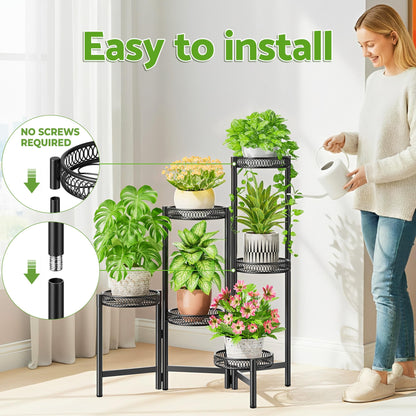 NQW 6 Tier Large Plant Stand Indoor with 7.9-Inch Wide Drainage Tray, Tiered Corner Metal Outdoor Flower Display Holder Shelf, Folding Tall Rack for House Patio Porch Balcony Graden - BlackFlower
