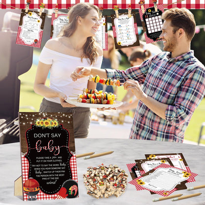 Patelai 321 Pcs BBQ Themed Baby Shower Supplies for Girl or Boy 5 Set Include 50 Activity Cards 20 Pencils 1 Don't Say Baby Sign 50 Clothespins for Price Is Right Prediction Bingo Game Party Decor