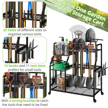 keomaisyto Garden Tool Organizer with Heavy Duty Wheels for Garage - with 2 Baskets, Large Yard Tool Organizer and Storage Holder, Utility Garden Tool Rack for/Shed/Garage/Yard/Basement/Lawn