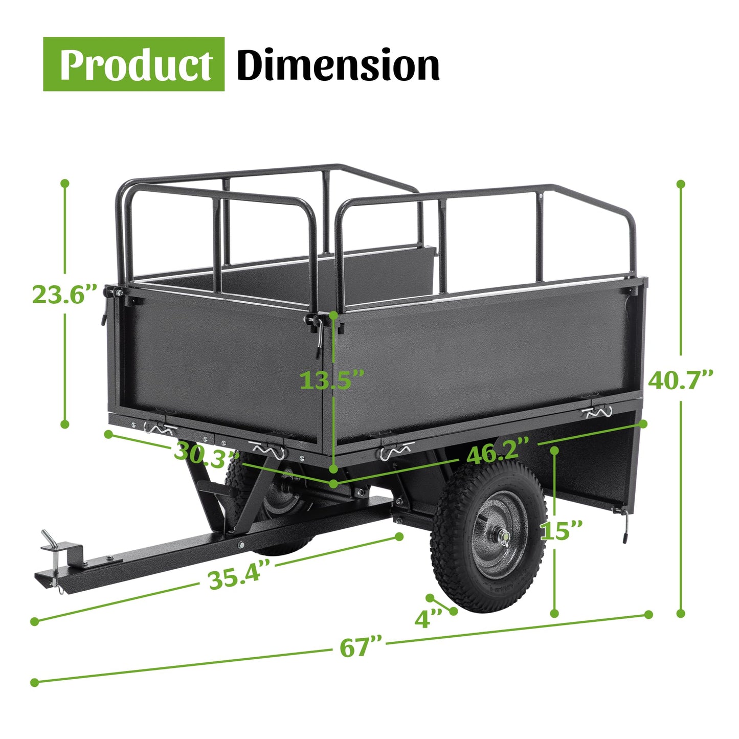 KEIKI 600 lb Garden Dump Cart with Tow Hitch, 17 Cu Ft Heavy Duty Steel Utility Trailer, Dual Dumping Lawn Cart with 16" Tires for ATV UTV Tractor Yard Hauling