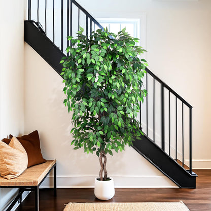 Jocoevol 7FT Artificial Ficus Tree, Tall Faux Trees Indoor with White Planter, Dried Moss, Natural Silk Leaves & Trunk, Fake Plants for Home Living Room Office Corner Decor Housewarming Gift