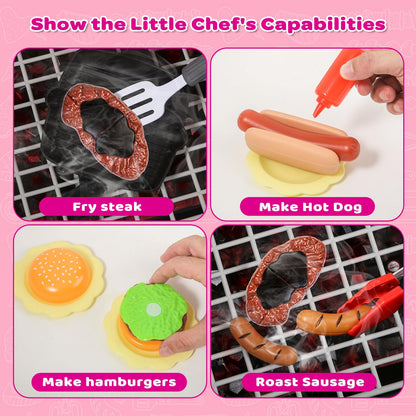 AuroTops Pink Kitchen Toy Set, Kids Grill Playset with Smoke, Sound & Light, Little Chef Play,Cooking Interactive Toys Christmas Birthday Gift