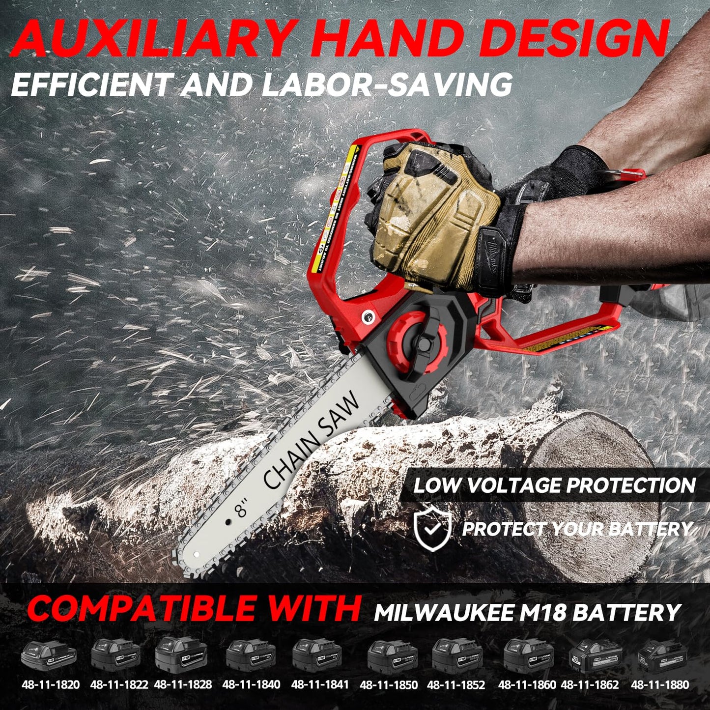 Mini Chainsaw for Milwaukee Battery, 8-Inch and 6-Inch 2-in-1 Cordless Electric Chainsaw with Brushless Motor and Auto-Oiler, 800W Hand Chainsaw for Tree Pruning Wood Cutting (No Battery)
