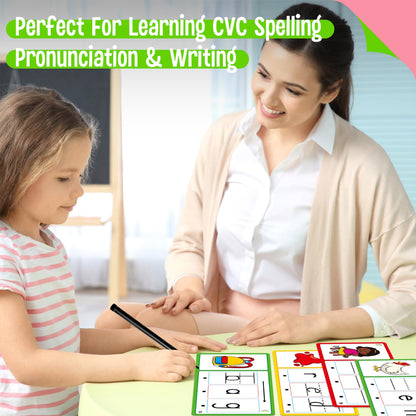 CVC Word Writing Cards, 100 Double-Sided Handwriting Cards 3-Level Short Vowel Spelling Flashcards CVC Sight Words Early Educational Tool for Kids 3 4 5 Years Old (3 Plastic Rings Included)