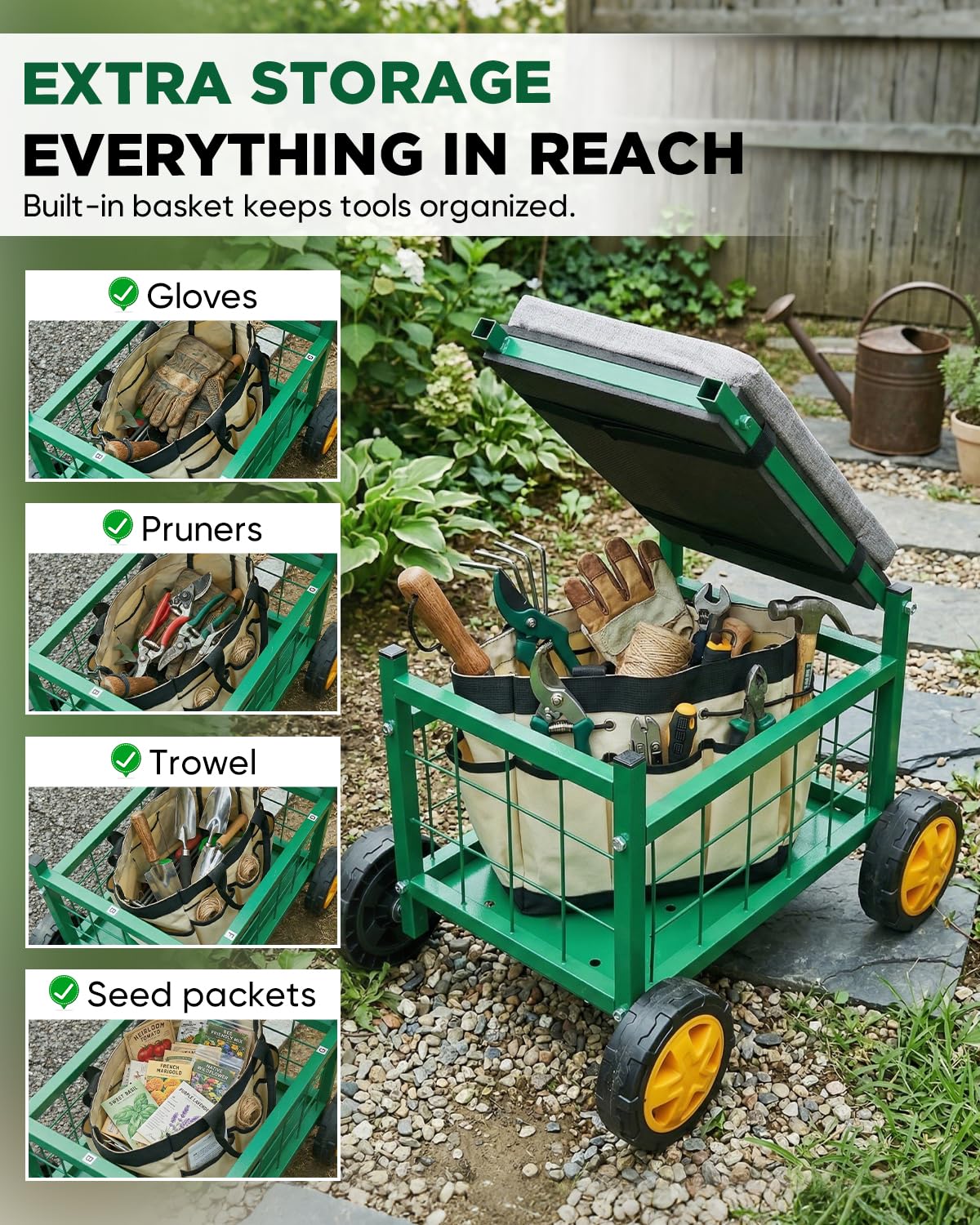 Saker Rolling Garden Cart with Seat & Wheels - 15.7'' EVA Padded Rolling Stool, 500 lb Steel Frame, Large Storage Basket - Garden Wagon Workseat for Patio Lawn Yard (Basic Version)