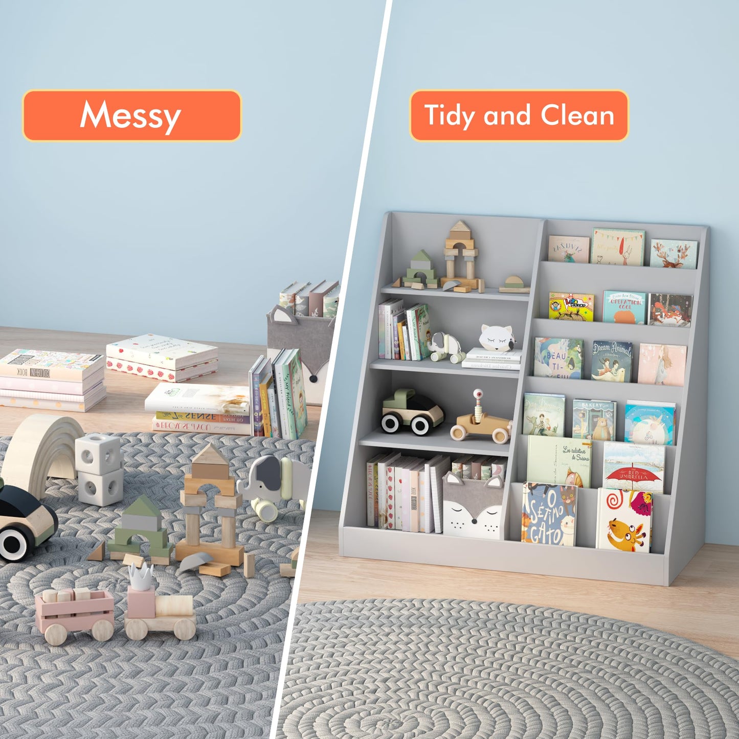 Ball & Cast Kids Bookshelf and Toy Storage,Toy Organizer W/ 4 Tier Kids Book Shelf,Toddler Montessori Bookshelf W/ 6 Layer Sling Children Bookcase,Wooden Display BookRack for Nursery Playroom,Gray