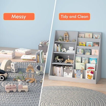 Ball & Cast Kids Bookshelf and Toy Storage,Toy Organizer W/ 4 Tier Kids Book Shelf,Toddler Montessori Bookshelf W/ 6 Layer Sling Children Bookcase,Wooden Display BookRack for Nursery Playroom,Gray