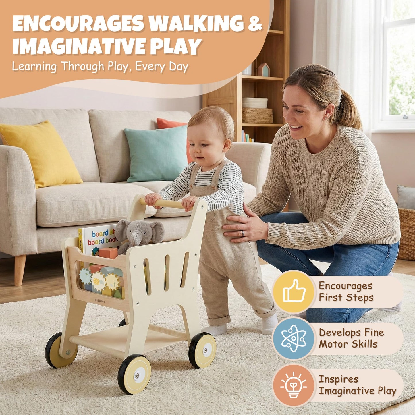 Pithfor Wooden Shopping Cart for Kids, 3 in 1 Wooden Baby Push Walker, Baby Doll Stroller, Toy Shopping Cart for Toddlers 1-3