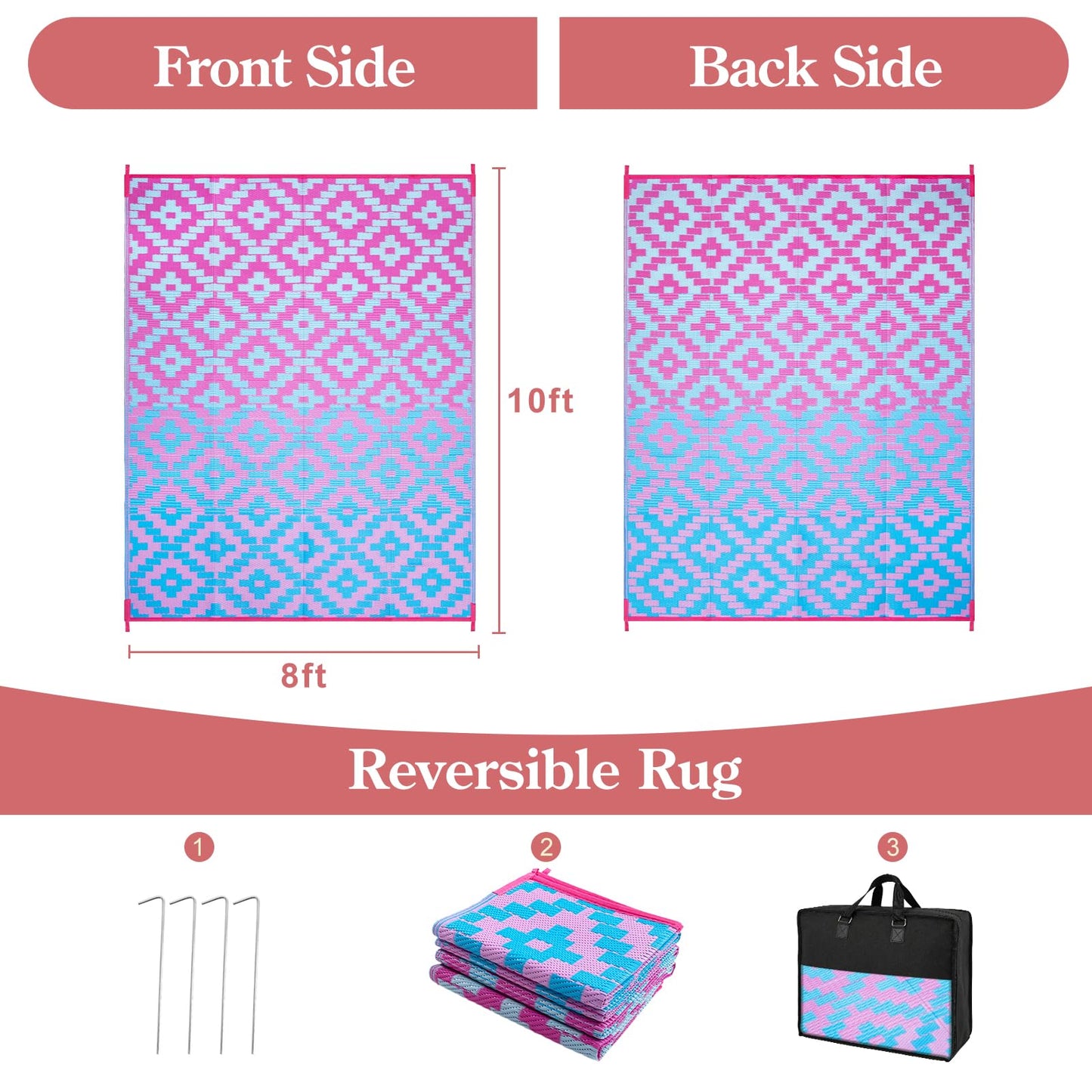 Wonnitar 8x10 Outdoor Rug, Large Waterproof Reversible Plastic Straw Rug for Patios, Indoor/Outdoor Area Rug Lightweight Camping Rug for Outside RV Balcony Garden Deck, Blue/Purple