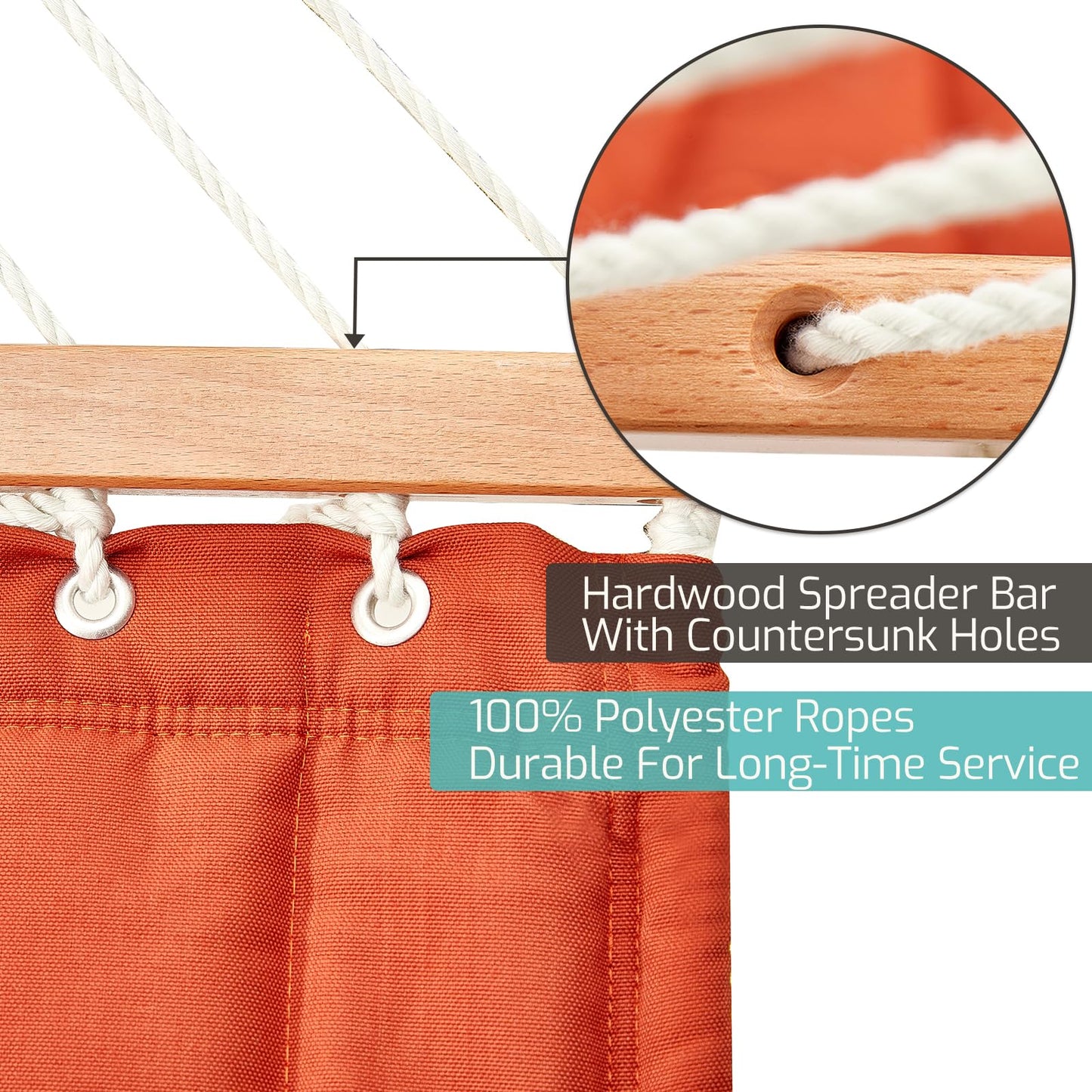 CHULIM Double Quilted Fabric Hammock with Hardwood Spreader Bars and Pillow 450 LBS Capacity 2 Person Large Hammock for Outdoor Patio Backyard Poolside - Terracotta
