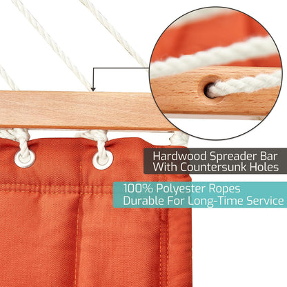 CHULIM Double Quilted Fabric Hammock with Hardwood Spreader Bars and Pillow 450 LBS Capacity 2 Person Large Hammock for Outdoor Patio Backyard Poolside - Terracotta