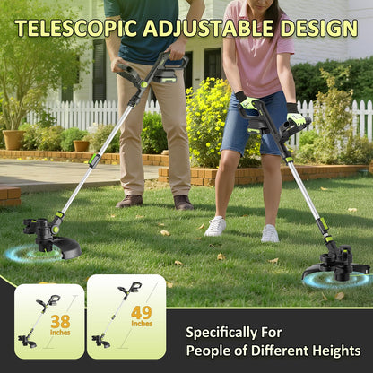 20V Cordless String Trimmer, 2.0Ah Battery Powered with Fast Charger, 12'' Grass Cutter with Auto Line Feed, 3-in-1 Electric Lawn Mower Grass Trimmer & Edger Lawn Tool with 8 Lines for Yard, Garden