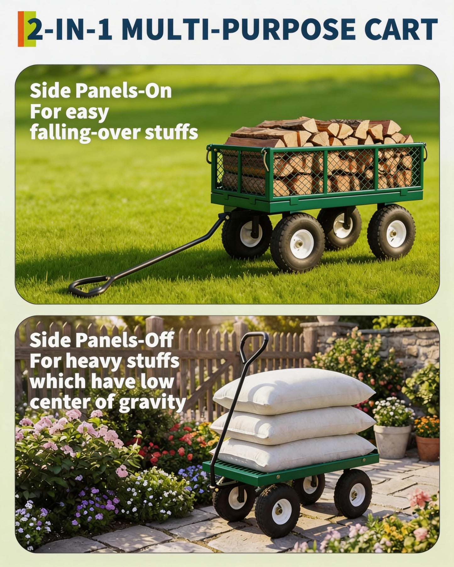 GarveeTech 1000LBS Heavy Duty Steel Garden Cart, Garden Wagon Cart on Wheels, Metal Yard Utility Wagon with Removable Mesh Sides, 13" All Terrain Tires, 180° Rotating Handle for Lawn, Garden, Farm