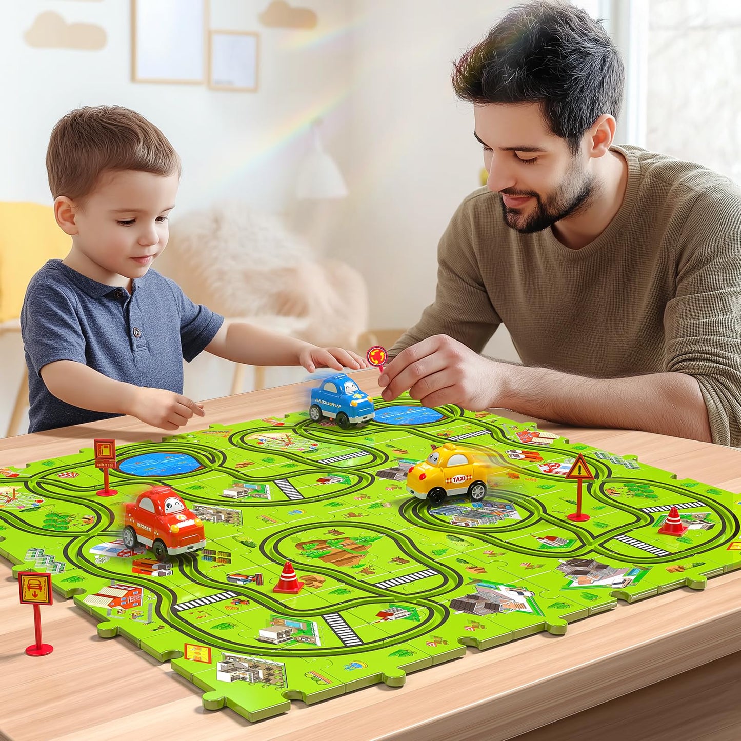 JUKUDAHU 64 Pieces Puzzle Race Track Car Set Toys for 3 4 5 6 Year Old Boys - Puzzle Tracks Car Toys for Kids Ages 3-5 with 3 Sliding Toy Cars, City-Themed, Birthday Gifts for Toddlers 1-3 2-4 4-6