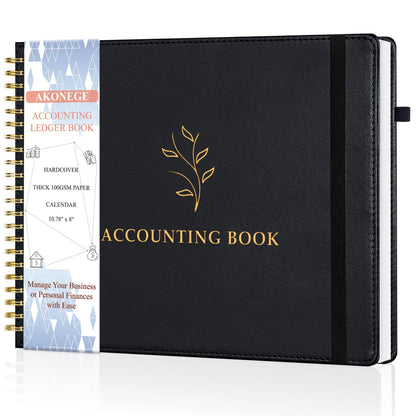 AKONEGE Accounting Ledger Book for Personal & Small Business Bookkeeping, Horizontal Income and Expense Tracker Notebook with Calendar, Hardcover Columnar Log Journal 10.78'' x 8'', Black