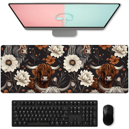 Rustic Highland Cow & Floral Gaming Mouse Pad, Large Cows Desk Mat for Laptop Keyboard Computer, Non-Slip Rubber Base Desktop Extended Mousepad for Office Home Accessories 31.5"×11.8"