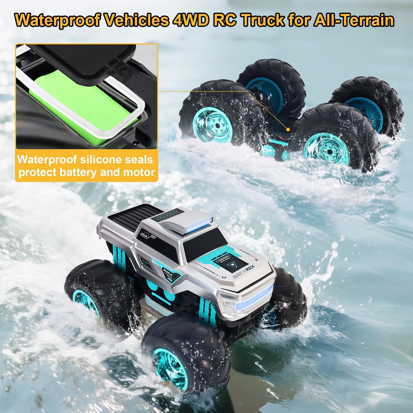CARRTAN Waterproof Amphibious Remote Control Truck for Kids, Gyroscope Self-Balancing Monster Truck with Wheelie Stunts, LED Lights, All-Terrain RC Car for Boys Girls Ages 6–12, Outdoor Pool Toy Gift