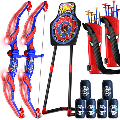 Motivekit Spider Bow and Arrow Set for Kids, 2 Pack Led Archery Set, Bow Arrow Set with 20 Suction Cup Arrows, Target with Stand & 6 Target Cans, Birthday Gift Bow and Arrow Set for Kids 4-6