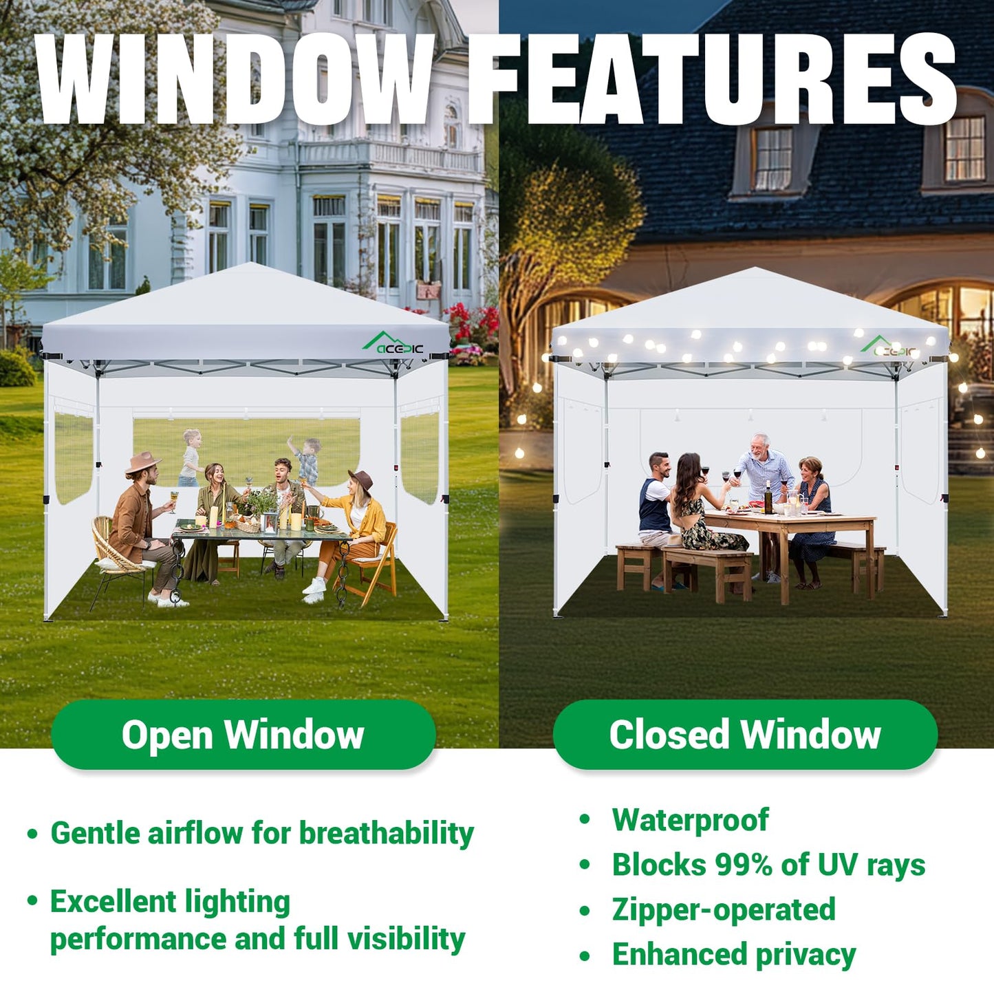 Acepic Instant Canopy SunWall for 10x10 Pop Up Canopy Frame with Mesh Window and Zipper, 99% Rainproof and UV Protection for Outdoor, Viewing the Scenery, and Ventilation (3 PCS Sidewalls Only, Black)