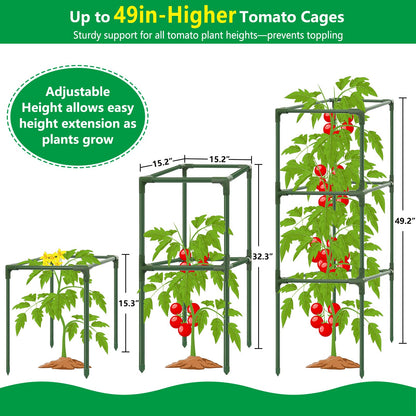 SprintGy 3 Pack Square Tomato Cages, 49'' Tall Heavy Duty Steel Tomato Trellis Kit for Garden, Plant Support Tower Stakes Cucumber Pepper Trellis for Climbing Vegetable Flowers