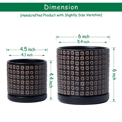 D'vine Dev Set of 2 Ceramic Planter Pots with Drainage Hole and Saucer, 4.5 Inch 6 Inch Plant Pots for Plants Indoor Houseplants, Black, 99-A-2