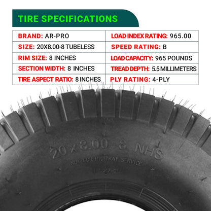 AR-PRO 20x8.00-8 Lawn Tractor Riding Mower Turf Tires – Heavy-Duty 4 Ply Tubeless Tire Replacement for Zero Turn Mowers, ATVs, Garden Tractors, Golf Carts – Set of 2 – No Rim