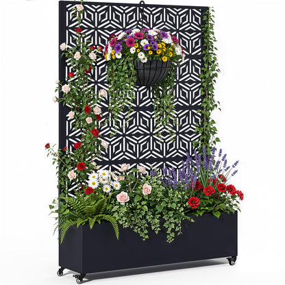 Ultym Metal Planter Box with Trellis, Galvanized Steel Raised Garden Bed with Privacy Screen, Lockable Casters, 73"x47"x16" Planter with Drainage Holes for Outdoor Climbing Plants, Vegetables, Patio