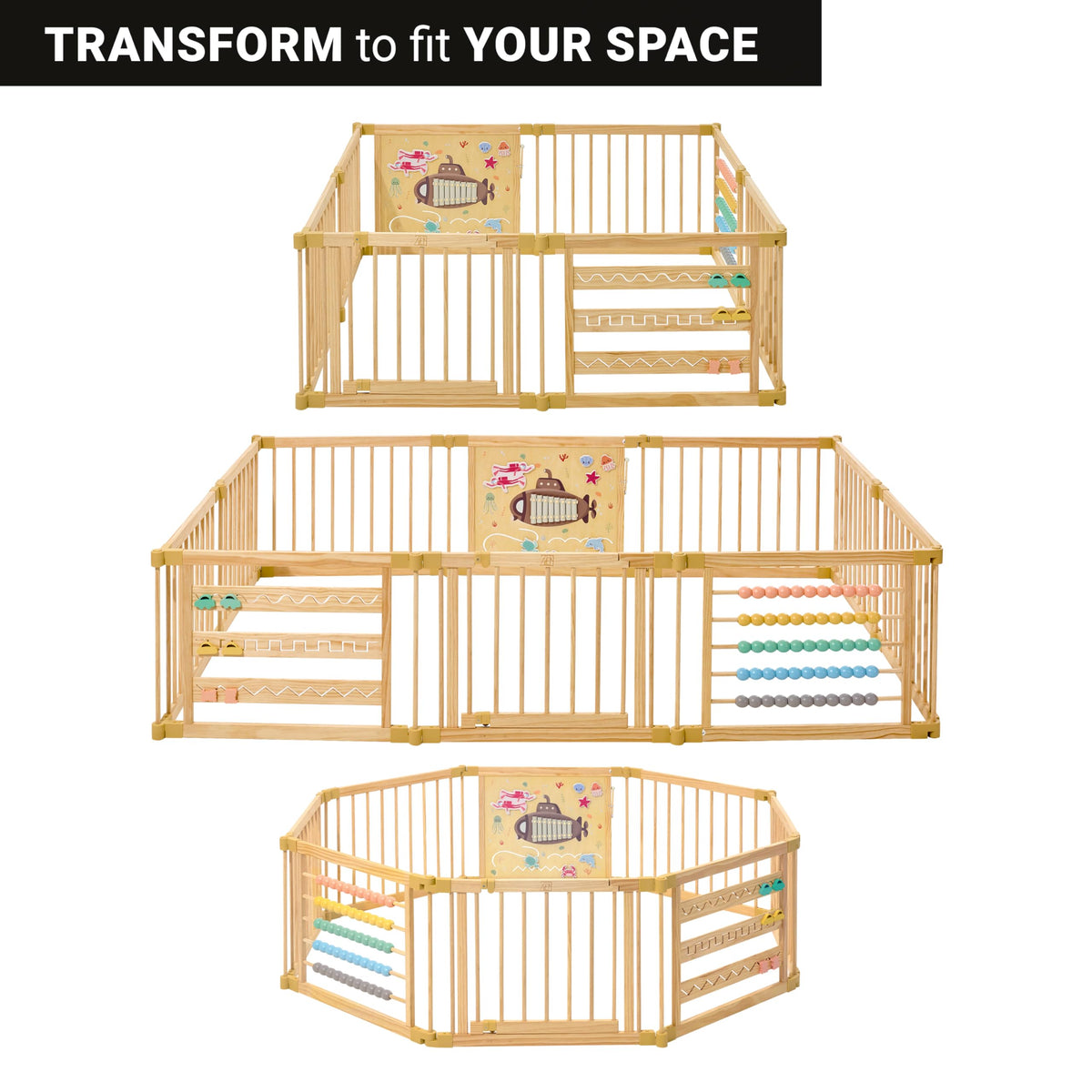 Wooden Playpen Extra Large for Toddlers and Babies - Under The Sea Theme Toy Design - (8/10) Wood Panels - Foldable and Adjustable Baby Play Yard- Extra Large Baby Playpen (10-Panels)