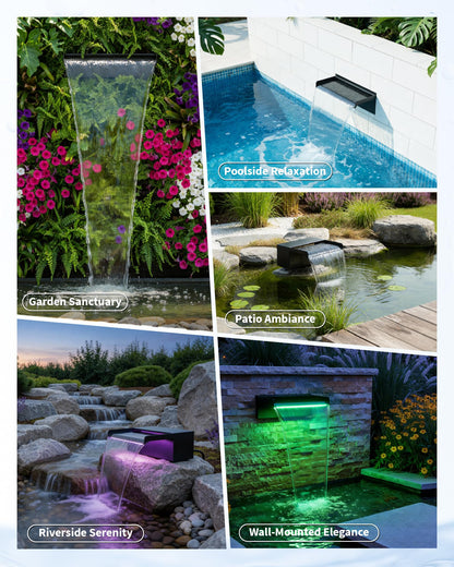 POPOSOAP 12inch Pond Waterfall Spillway with RGB LED Lights & 660GPH Pump Kit - APP/Remote Control, 304 Stainless Steel Pond Spillway with 9.8FT Tubing for Garden Ponds Landscape Water Features-P43DY