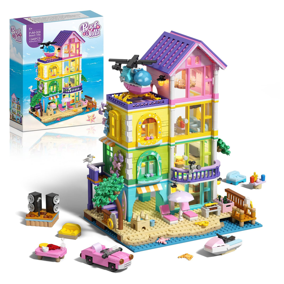 Beach House Building Set with Light, NO Compatible with Lego Friend House for Girls Age 8-12, 1346PCS Mini Bricks Seaside Villa, Creative Holiday Cottage Building Kits, for Girl 8-14