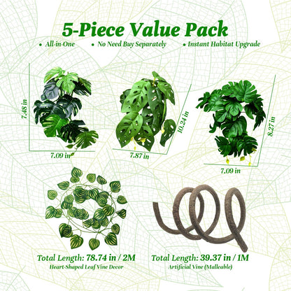 5 Pcs Reptile Plants & Habitat Decor Kit - 3 Artificial Plants & Large 5ft Jungle Vine Branch, Amphibian Habitat Hideout Tank Decorations fit Crested Gecko Leopard Lizard Chameleon Ball Python Frog
