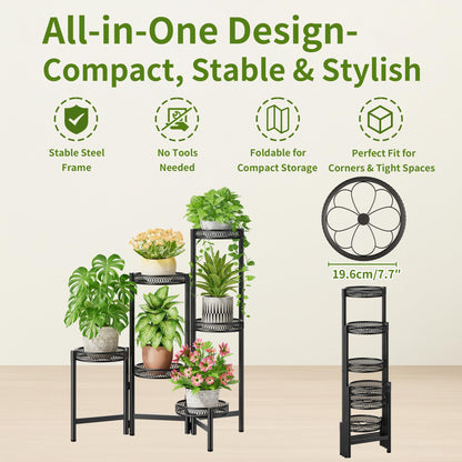 NQW 6 Tier Large Plant Stand Indoor with 7.9-Inch Wide Drainage Tray, Tiered Corner Metal Outdoor Flower Display Holder Shelf, Folding Tall Rack for House Patio Porch Balcony Graden - BlackFlower