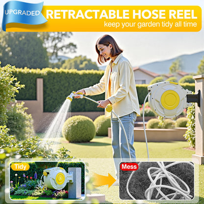 5/8" x 100 ft Retractable Garden Hose Reel, Heavy Duty Water Hose Reel Wall Mounted, Any Length Lock, 180°Swivel, Water Hose with 8-Function Nozzle for Cleaning, Watering(Yellow)
