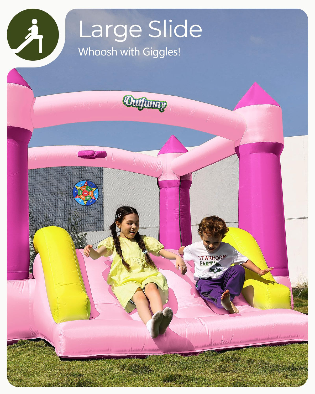 Outfunny Bounce House with Slide, Inflatable Bouncy House for Kids 3-12, Outdoor&Indoor, Bounce Area 8'x8', Capacity 400 lb - Pink