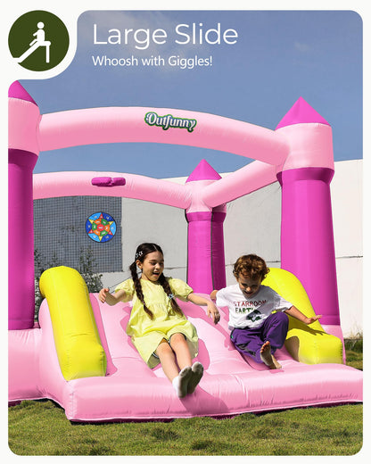 Outfunny Bounce House with Slide, Inflatable Bouncy House for Kids 3-12, Outdoor&Indoor, Bounce Area 8'x8', Capacity 400 lb - Pink
