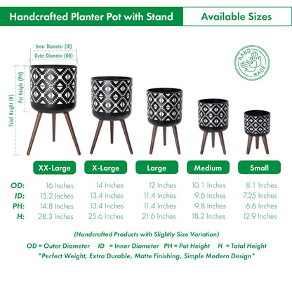 D'vine Dev 14 Inch Planter Pot with Stand, Mid-Century Tall Plant Pot with Legs for Indoor Plants, White/Black, 88-G-D-4