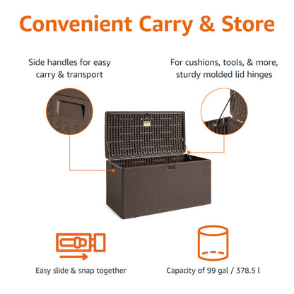 Amazon Basics Outdoor Storage Deck Box, Lockable, Weather-Resistant, 99 Gallon, Brown, for Patio Cushions, Gardening Tools, Pool Accessories