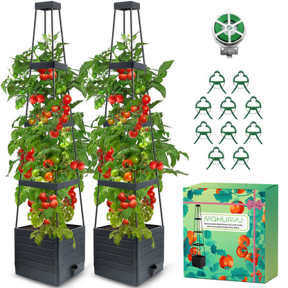 MQHUAYU 2-Pack Tomato Planter with Trellis, 57" Self-Watering Raised Garden Bed Planter Box, Tomato Cages for Indoor & Outdoor Climbing Plants, Vines, Vegetables, and Flowers (57x9.8x9.8IN)