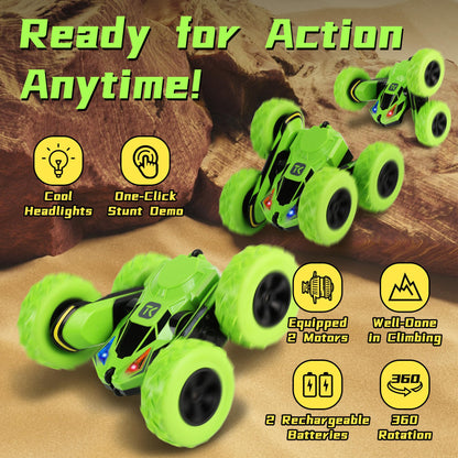 Threeking Remote Control Car RC Flip Stunt Double Sided Driving Cars Toys for Boys Girls Ages 6-12, 4WD 360° Flips with Breathing Soft Lights, Presents Gifts, Green