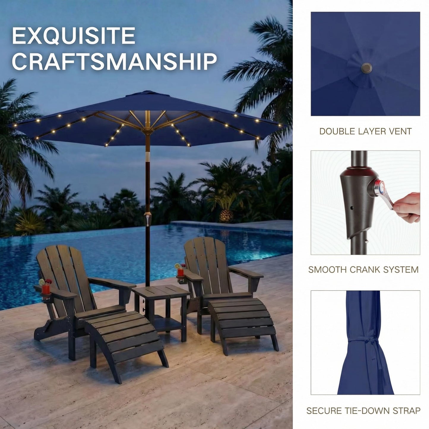 Kingdura 9FT Outdoor Patio Umbrella with Solar Lights, Market Table Umbrella with Push Button Tilt & Crank, 8 Sturdy Ribs, 32 LED Lights, UV Protection for Garden Lawn Deck Backyard Pool (Navy blue)