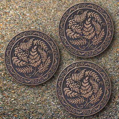 Home Furnishings By Larry Traverso HF by LT Deluxe Rubber Stepping Stone, Fern Medallion Design, Heavy Duty 13"" All-Weather Garden Tile, Black with Antique Bronze Finish, Set of 3, TR0787