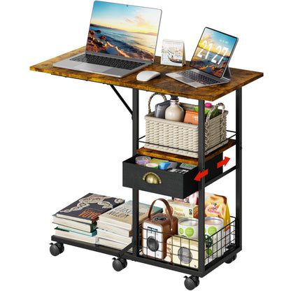 Rolling Coffee Table with Oversized Double-Wide Wood Top, Mobile Tv Tray with Storage Drawer and Wheels for Sofa, Portable Side Table for Living Room, Home Office, Spacious Desk for Working Studying