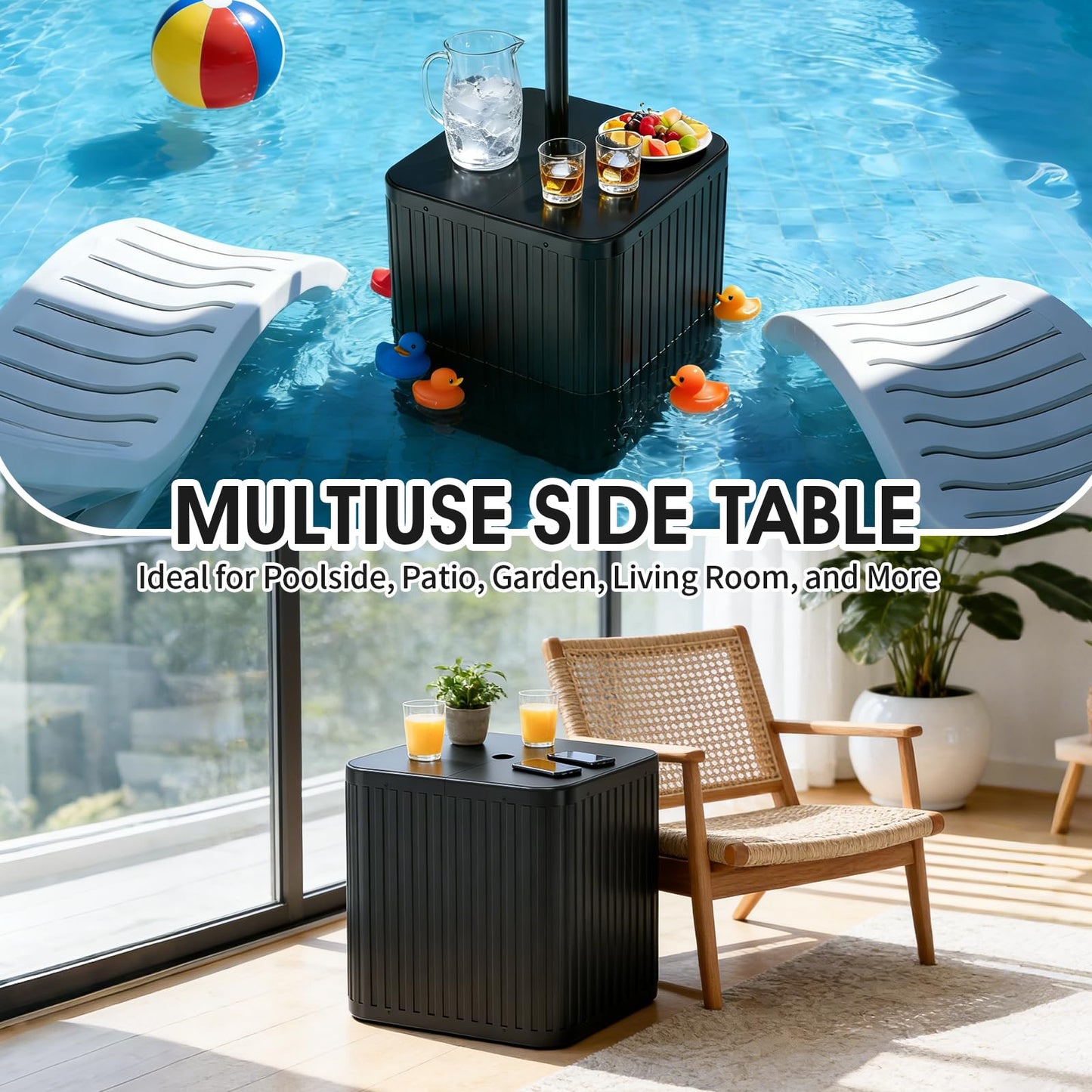BoYata Outdoor Umbrella Side Table, 2-in-1 Outdoor Side Table with Umbrella Hole, 15.9 Gallon Fillable Umbrella Stand Base, Fit Up to 1.5" Pole, Square Patio Side Table for Poolside, Deck, Matte Black