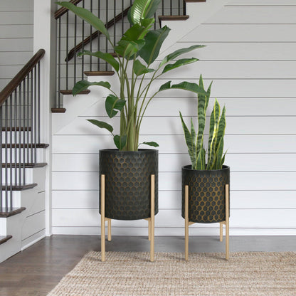 Oakrain Mid Century Planters for Indoor Plants, Set of 2, Modern Decorative Metal Pots for Living Room, Office, Garden or Balcony, Black&Golden Honeycomb, 10" &12"