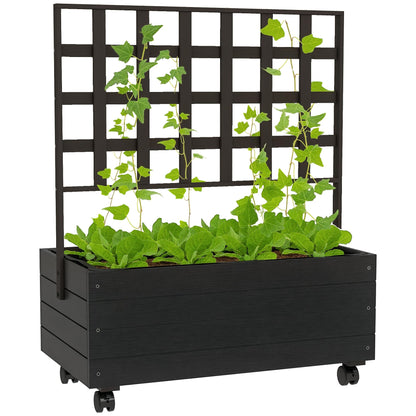 Outsunny Raised Garden Bed with Trellis and Wheels, Outdoor Wooden Elevated Planter Box, Freestanding Raised Flower Bed for Climbing Plants, Flowers, Herbs and Vegetables