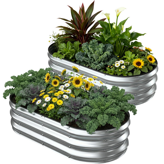 Patiobay 2 Pack 4x2x1FT Galvanized Raised Garden Beds,Raised Garden Bed with Safety Edging and Gloves,Oval Metal Planter Box for Gardening Vegetables Flowers Herb-Silver